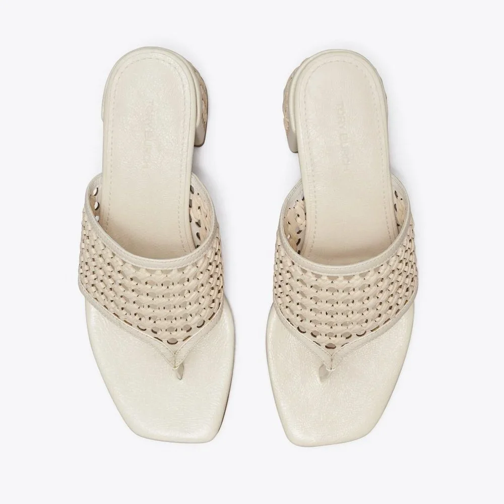 Tory Burch $378 NIB Woven Raffia Heeled Sandal New Ivory Natural 9.5